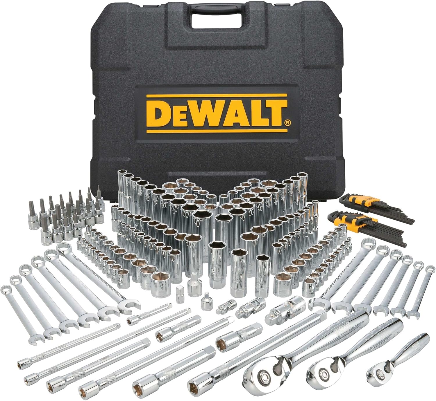 DEWALT Mechanics Tools Kit and Socket Set, 204-Piece Dewalt Tool Set, 1/4' & 3/8' & 1/2' Drive, Metric/SAE Deep and Shallow Sockets, 3/8' Hex Bits, Torx Bits, Spark Plugs, Wrenches (DWMT72165)