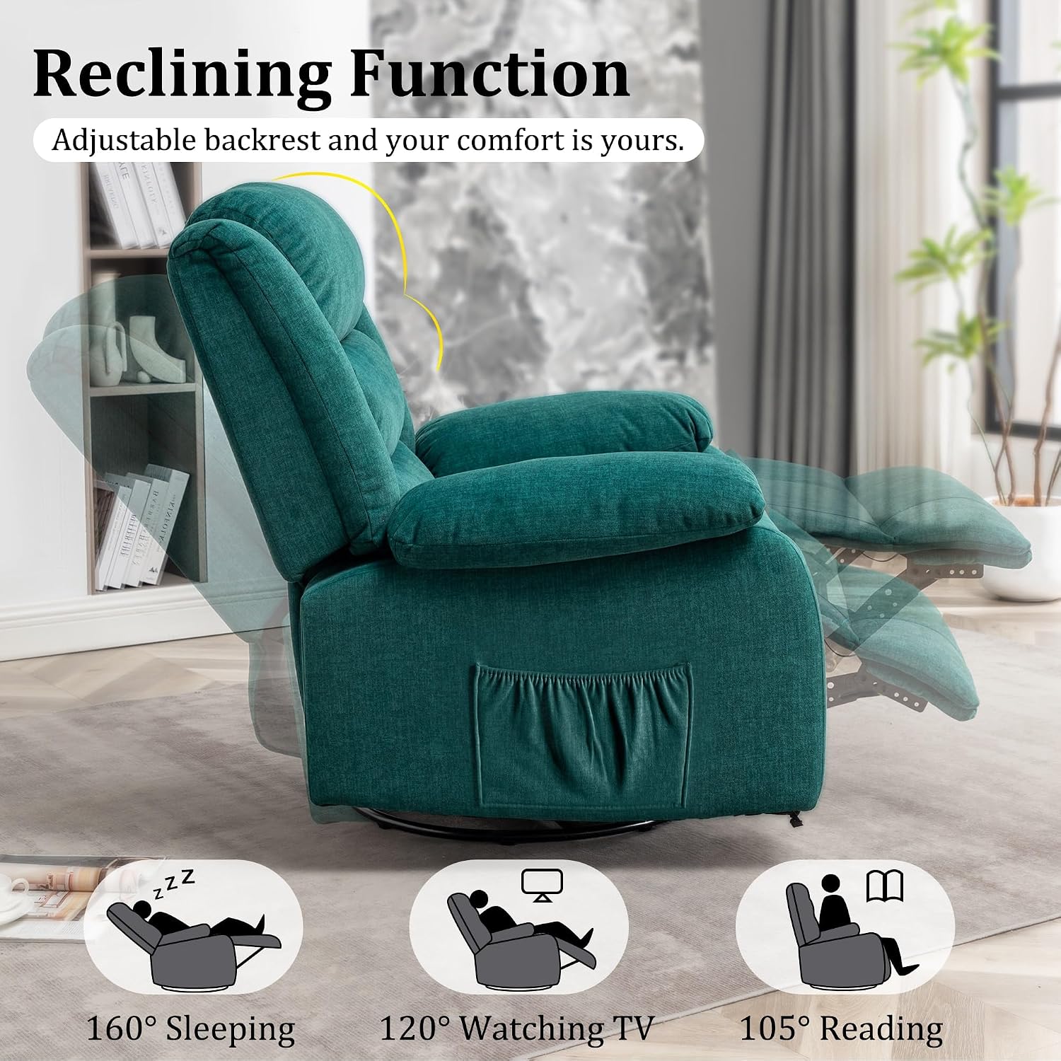 Korser Recliner Chair for Adults, Oversized 360° Swivel Rocker Recliner with Massage and Heat, Wide Nursery Glider Rocking Chair with Side Pockets, Cashmere Reclining Sofa for Living Room (Green)