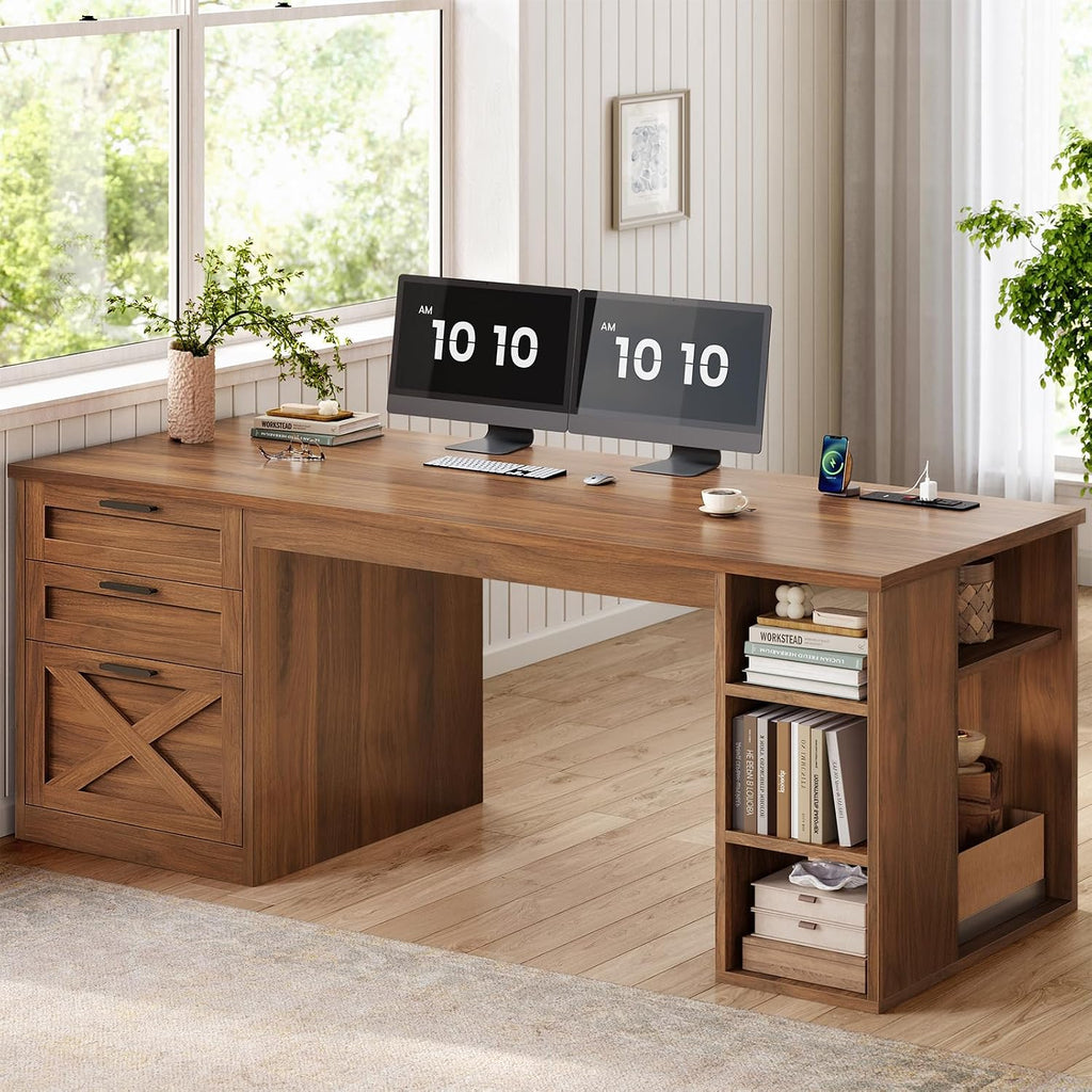 SEDETA 55.1' Executive Office Desk with 3 Drawers, Farmhouse Computer Desk with File Drawer & Storage Shelves, Home Office Desk with Power Outlet for Home Office, Brown