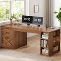 SEDETA 55.1' Executive Office Desk with 3 Drawers, Farmhouse Computer Desk with File Drawer & Storage Shelves, Home Office Desk with Power Outlet for Home Office, Brown