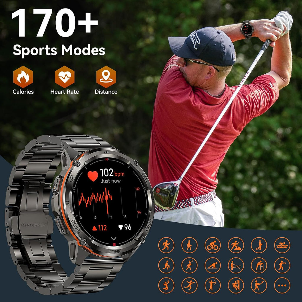 KOSPET Tank T3 Ultra GPS Smart Watch for Men-Pressure/Altitude/Compass, Extra-Large Battery, Stainless Steel Unibody Rugged Military Smartwatch Make/Answer Call, 5ATM Waterproof (2 Bands)