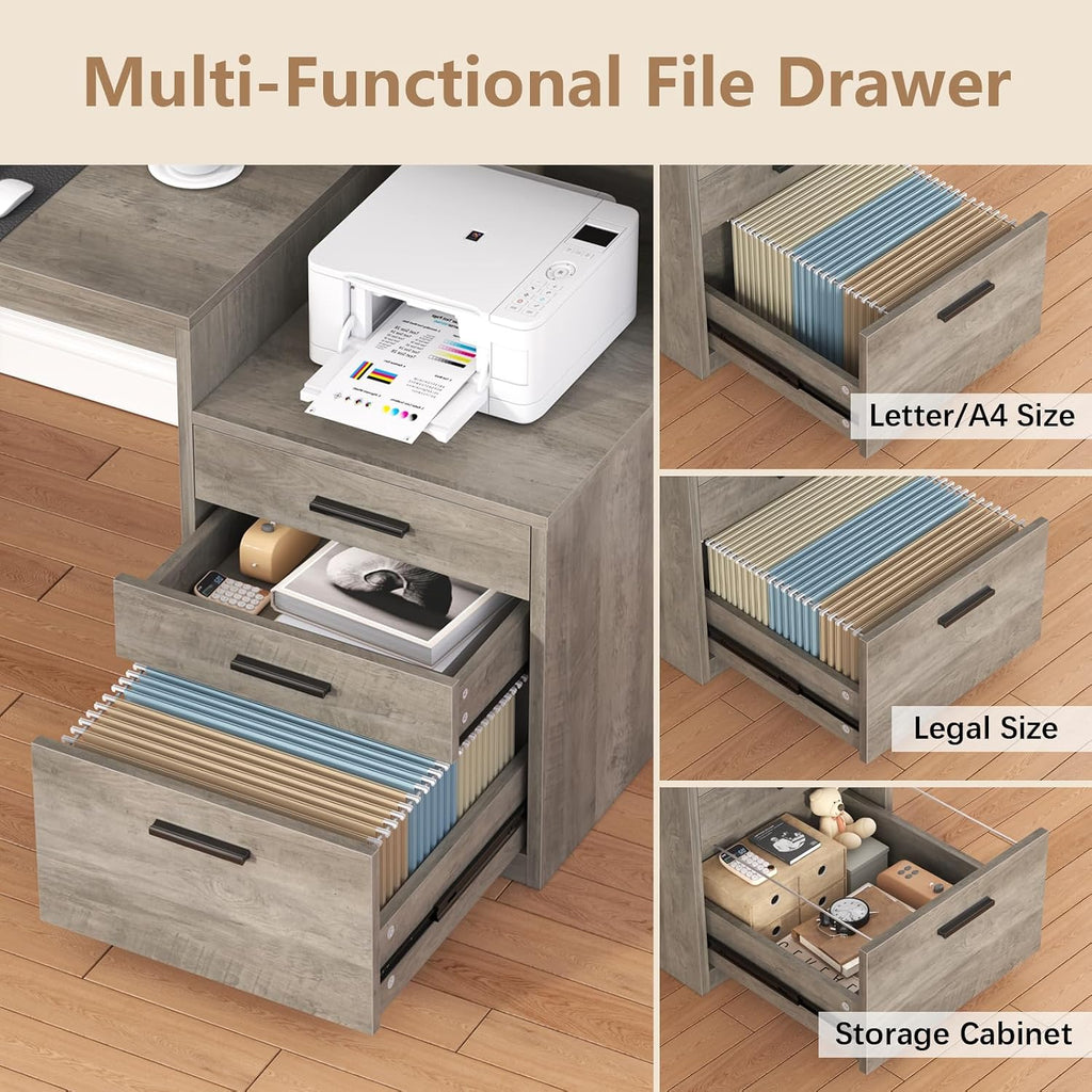 YOMILUVE Executive Computer Desk with 3 Drawers & Storage Shelves, 65 Inch Home Office Desk with File Drawer & Cabinet, Writing Study Desks with Monitor Stand & Printer Shelf, Executive Desk, Grey