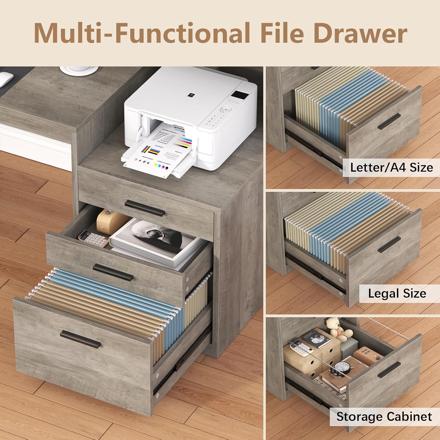 YOMILUVE Executive Computer Desk with 3 Drawers & Storage Shelves, 65 Inch Home Office Desk with File Drawer & Cabinet, Writing Study Desks with Monitor Stand & Printer Shelf, Executive Desk, Grey
