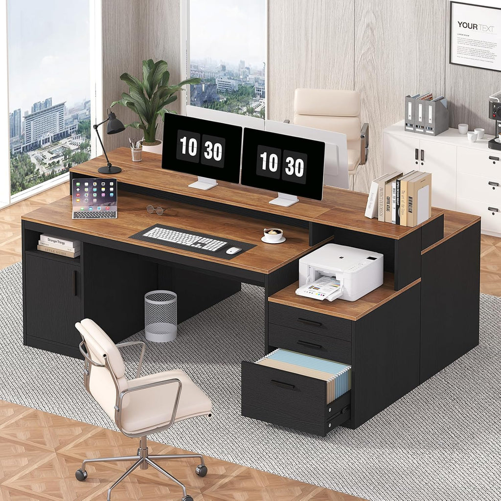 YOMILUVE Computer Desk with 3 Drawers & Storage Shelves, 65 Inch Home Office Desk with File Drawer & Cabinet, Writing Study Desks with Monitor Stand & Printer Shelf, Executive Desk, Brown and Black