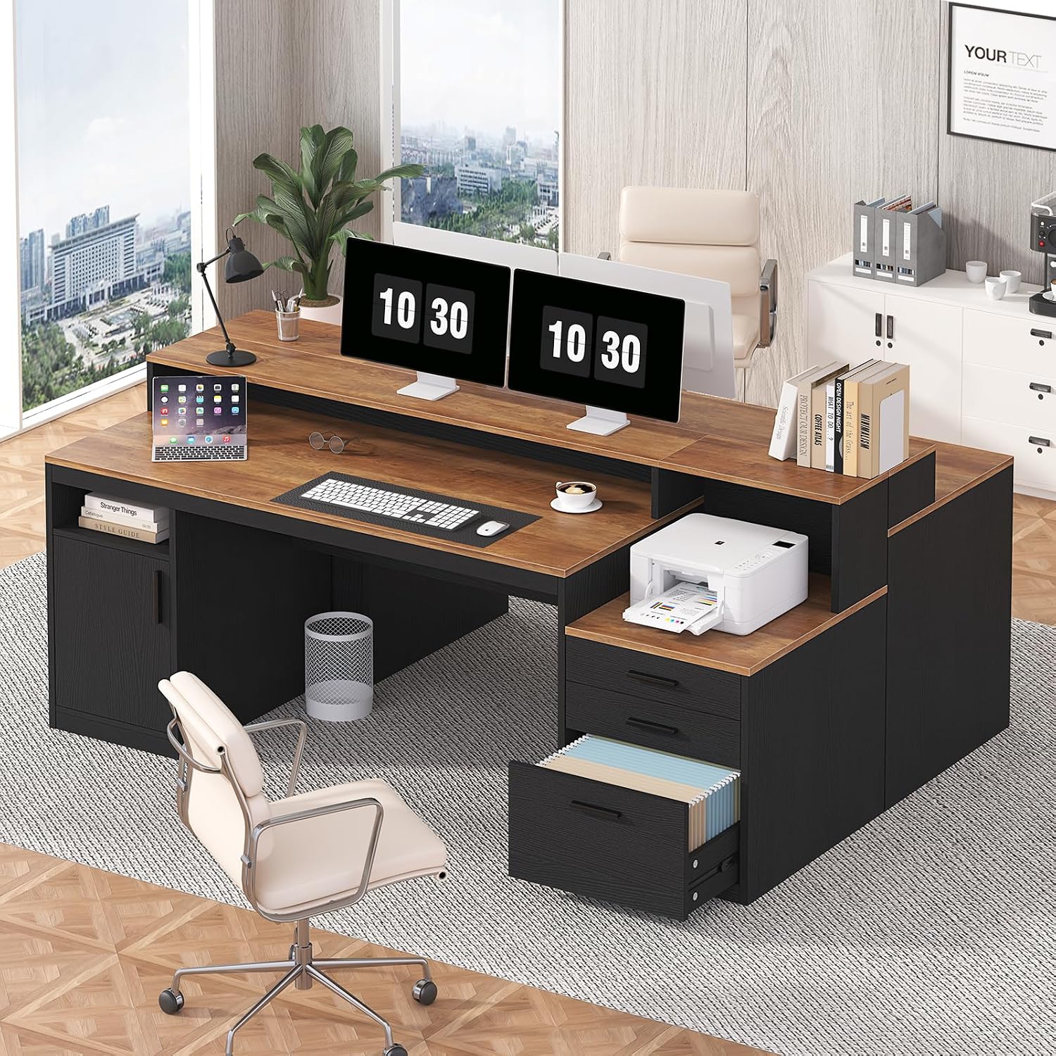 YOMILUVE Computer Desk with 3 Drawers & Storage Shelves, 65 Inch Home Office Desk with File Drawer & Cabinet, Writing Study Desks with Monitor Stand & Printer Shelf, Executive Desk, Brown and Black