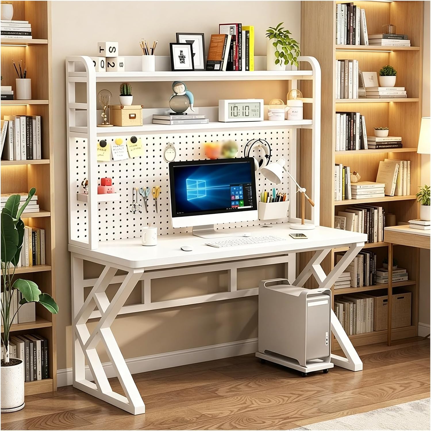 47in Gaming Desk with Bookshelf Combo, Computer Desk with Pegboard, Large Writing Table with Desktop Shelves, Ample Leg Room, for Home Office (Brown, 47in)