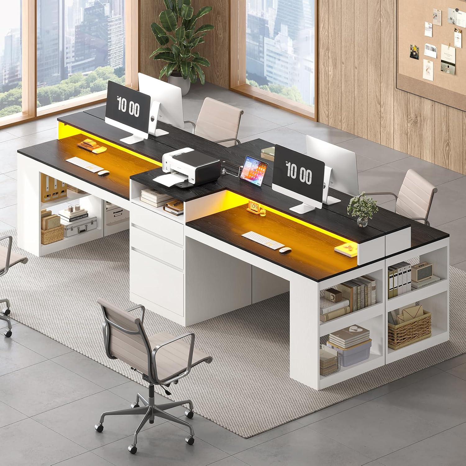 96.6' Long Computer Desk, 2 Person Desk with LED Lights & Power Outlet, Modern Two Person Gaming Desk with File Drawers, Monitor Stand, Printer Shelf ＆ Storage, Double Table for Home Office White