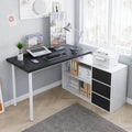 Home Office Computer Desk Corner Desk with 3 Black Drawers and 2 Shelves, 53-inch L-Shaped Study Desk with Storage, White + Black