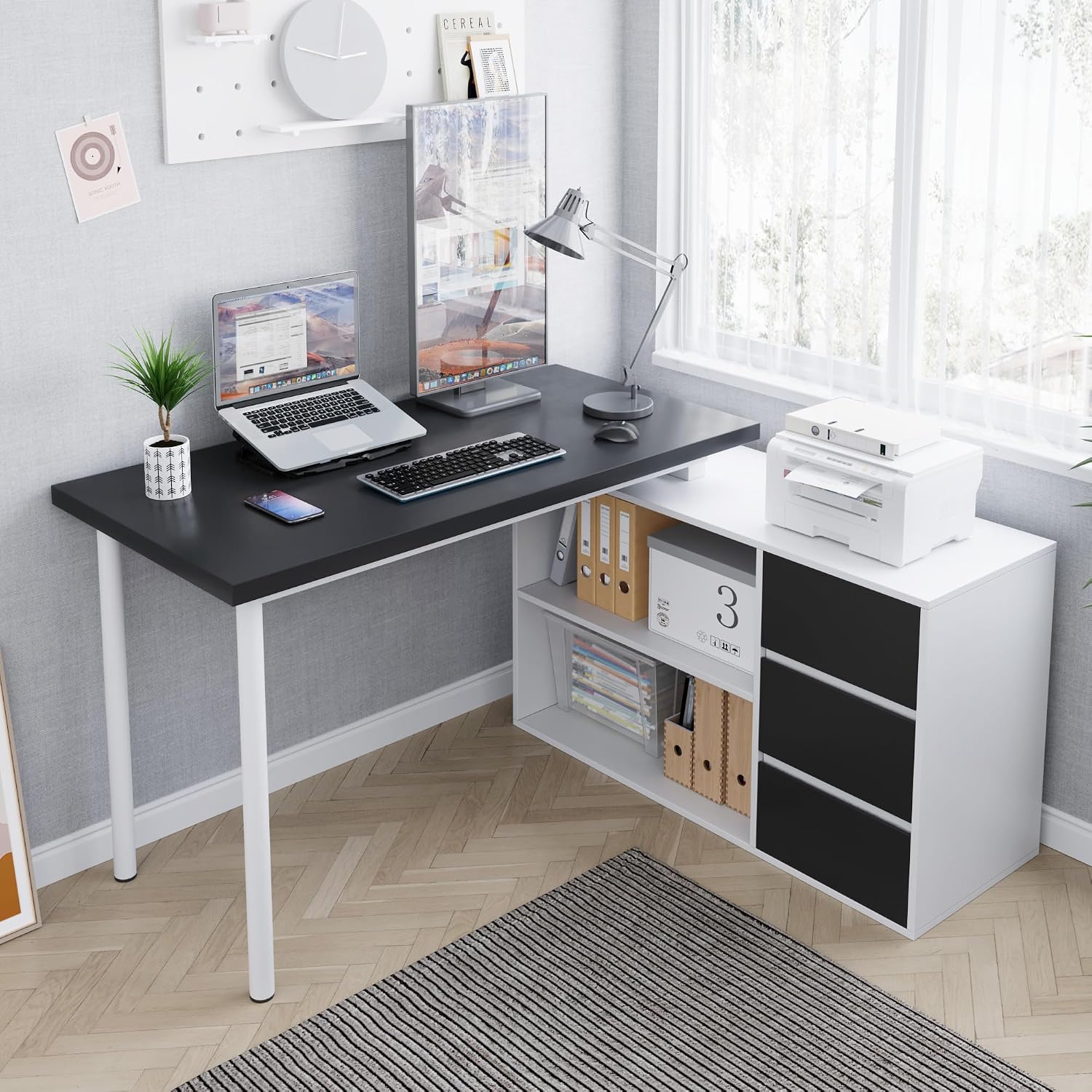 Home Office Computer Desk Corner Desk with 3 Black Drawers and 2 Shelves, 53-inch L-Shaped Study Desk with Storage, White + Black