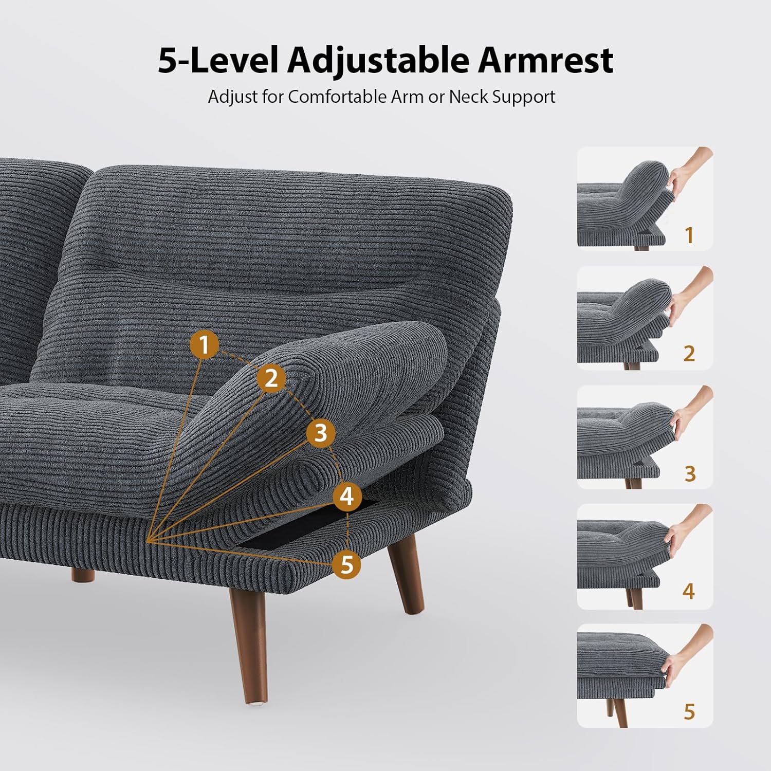 Pipishell Futon Sofa Bed, 75 Inch Corduroy Futon Couch Convertible with Adjustable Backrest and Armrests, Recliner Sleeper Sofa for Small Spaces, Living Room, Office, Guest Room (Grey, 75 Inch) | Adjustable