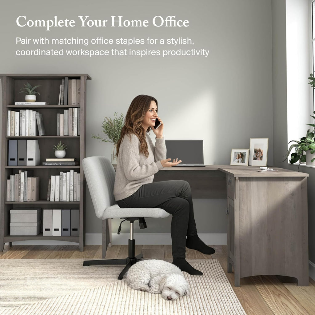 Bush Home L Shaped Desk with Storage for Home Office, Modern Farmhouse Corner Table with Drawers and Cabinets, Salinas Collection, Driftwood Gray