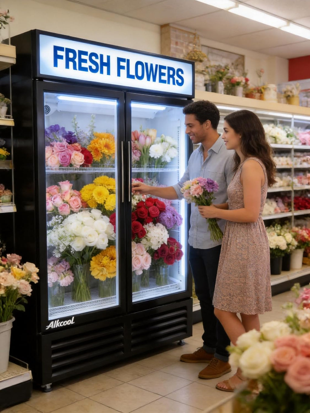Commercial Flower Beverage Refrigerator Floral Display Fridge,Two Glass Door Drink Cooler with LED Light Adjustable Shelves,ETL Sanitation,46 Cu Ft,54' Wide,Wheels Included