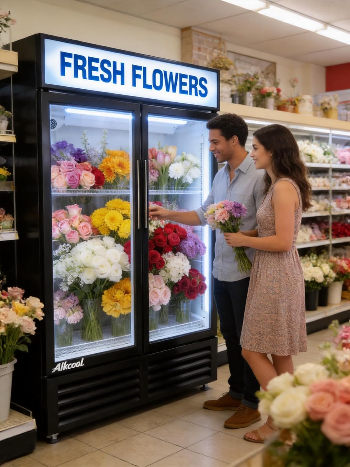 Commercial Flower Beverage Refrigerator Floral Display Fridge,Two Glass Door Drink Cooler with LED Light Adjustable Shelves,ETL Sanitation,46 Cu Ft,54' Wide,Wheels Included