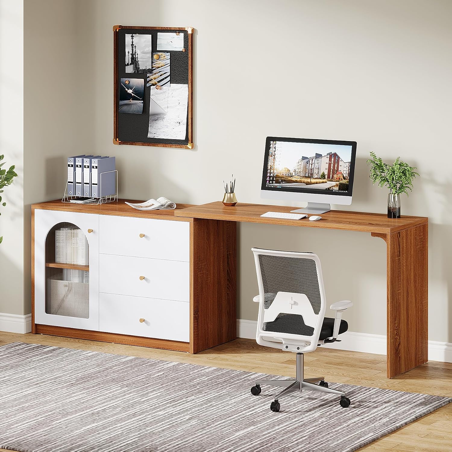 Tribesigns L Shaped Computer Desk with Drawers, Modern Corner Home Office Desk with Reversible Storage Cabinet, Long Study Writing Desk Workstation for Home Office, Rustic Brown
