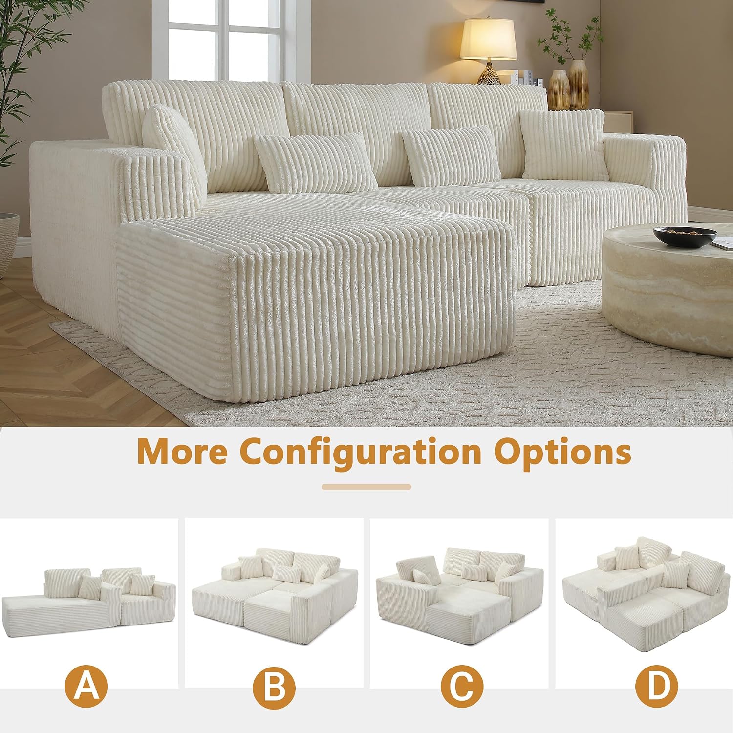 110' Cloud Sectional Couch, Modular Sectional Sofa with Deep Seat, Corduroy Upholstered Boneless Couch for Living Room Bedroom, Left Facing Chaise (Beige, 110' Right Facing Chaise)