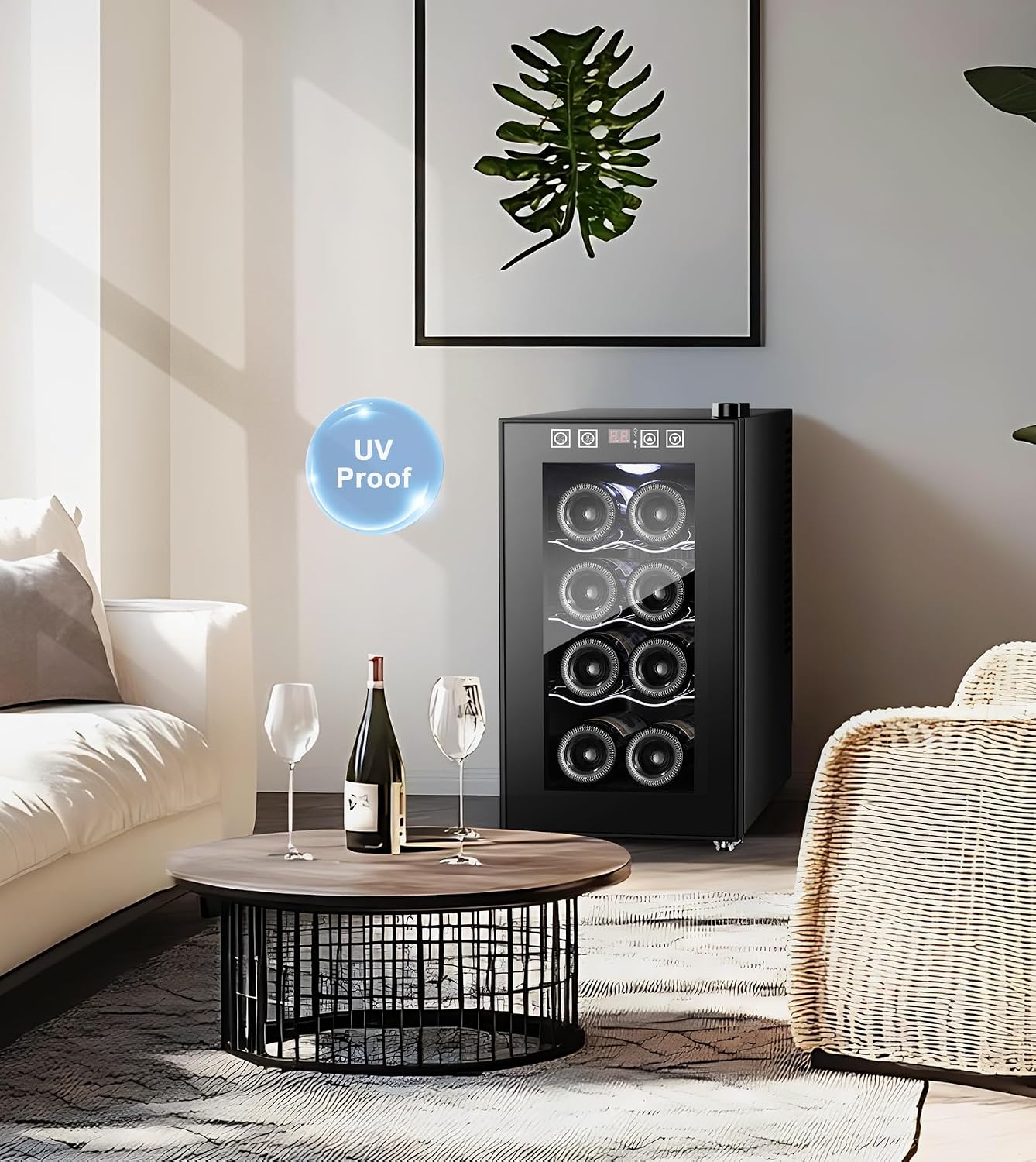 8 Bottle Thermoelectric Wine Fridge, Mini Wine Cooler Refrigerator with LED Touchscreen & Low-E Glass Door, No Vibration Frost-Free Quiet, Countertop/Freestanding, Safety Lock