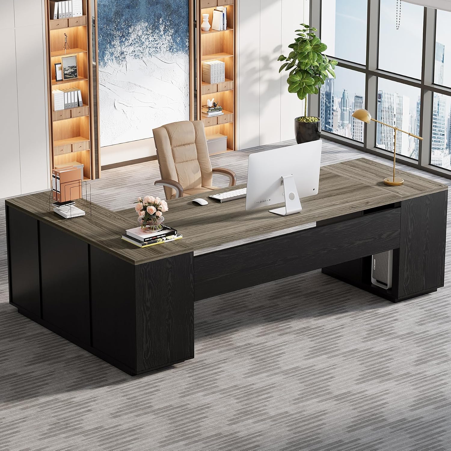 Tribesigns 85.8-Inch L-Shaped Executive Desk with File Drawers, Door Cabinet & Shelves, Extra Large Commercial Office Desk, Modern Professional Office Table Business Furniture, Grey & Black