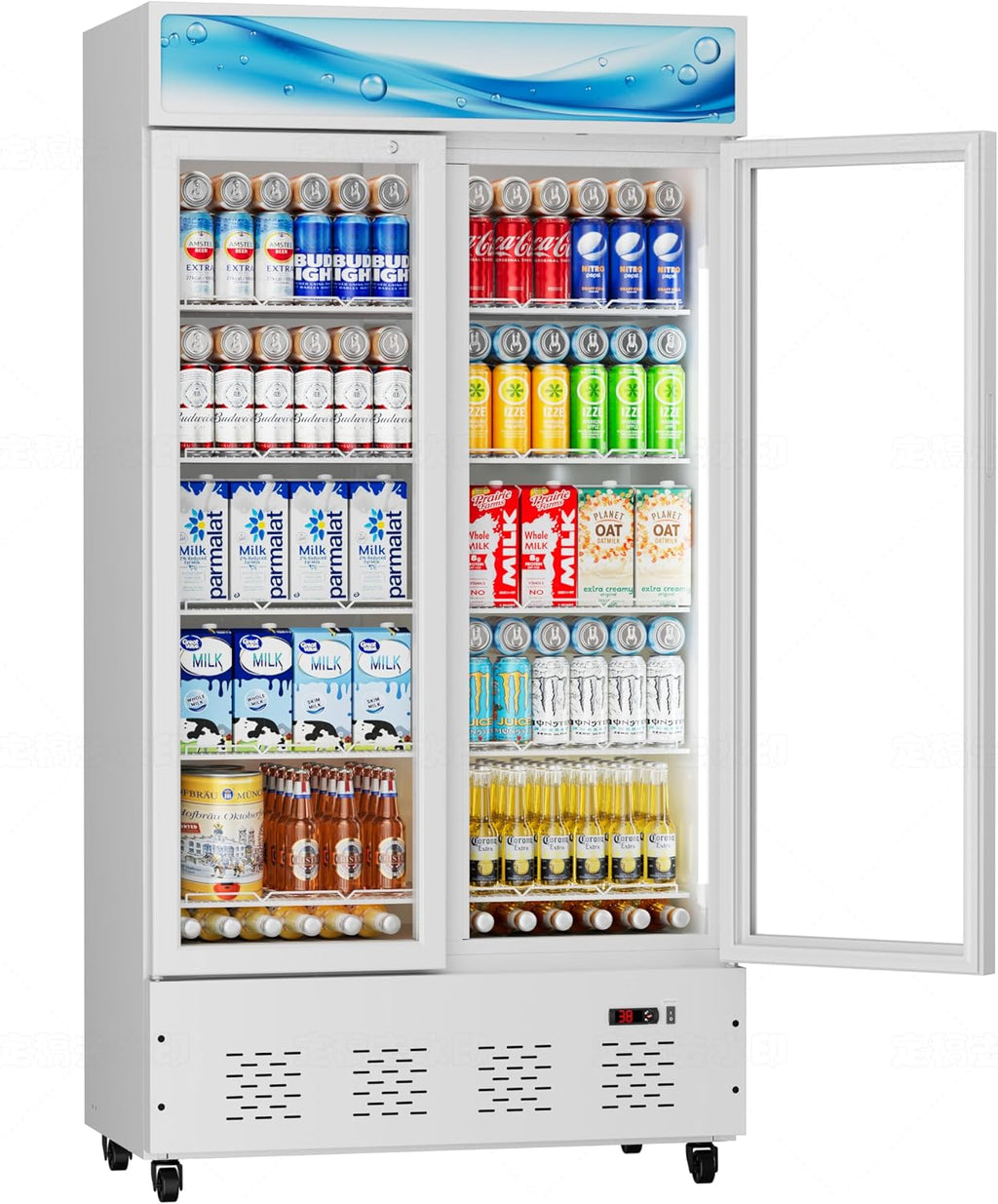 42'W Commercial Glass Door Display Refrigerator 30 Cu.ft White Cooler Beverage Fridge with LED Light and 10 Shelves for Cafe Restaurant Store Bar
