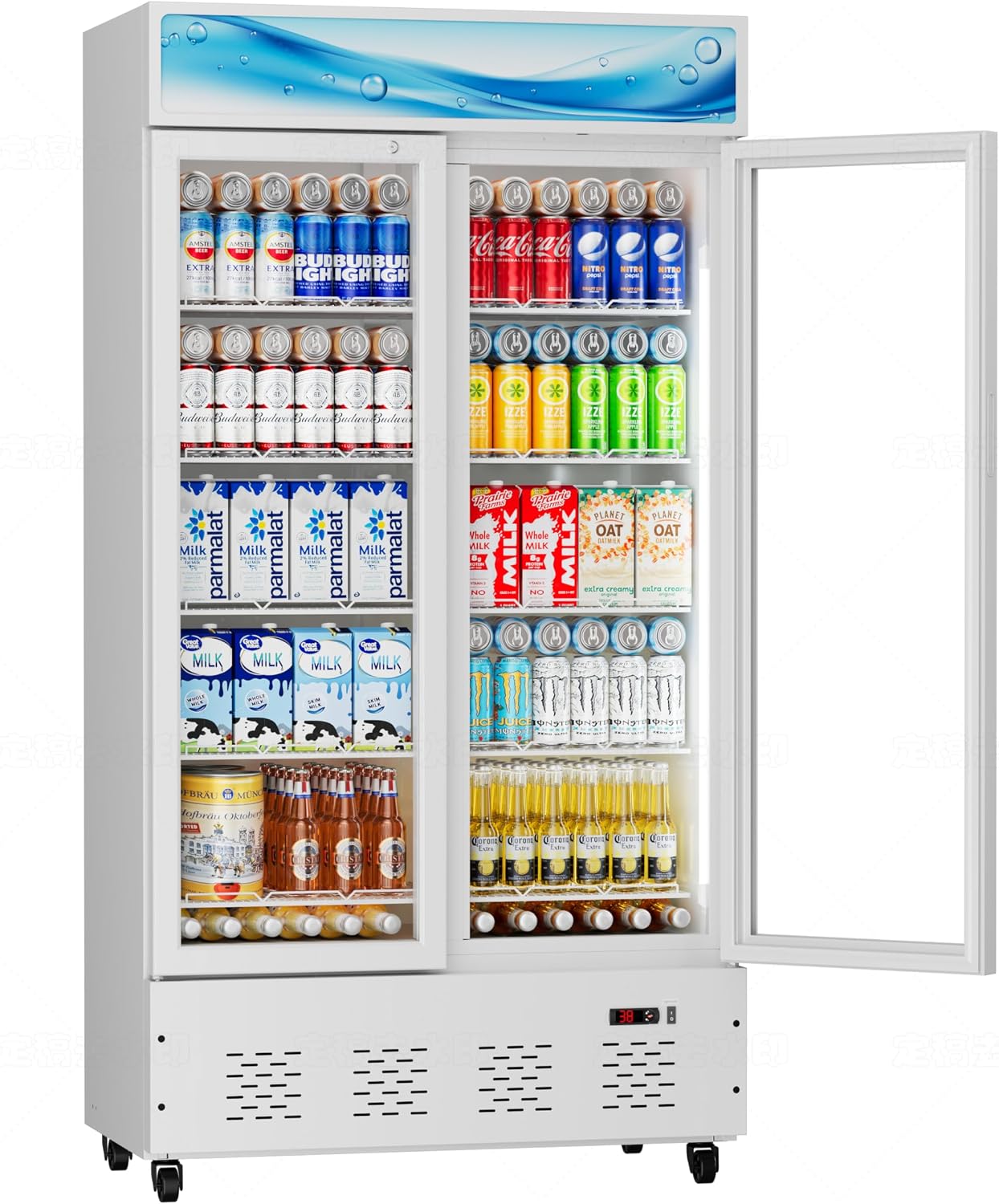 42'W Commercial Glass Door Display Refrigerator 30 Cu.ft White Cooler Beverage Fridge with LED Light and 10 Shelves for Cafe Restaurant Store Bar