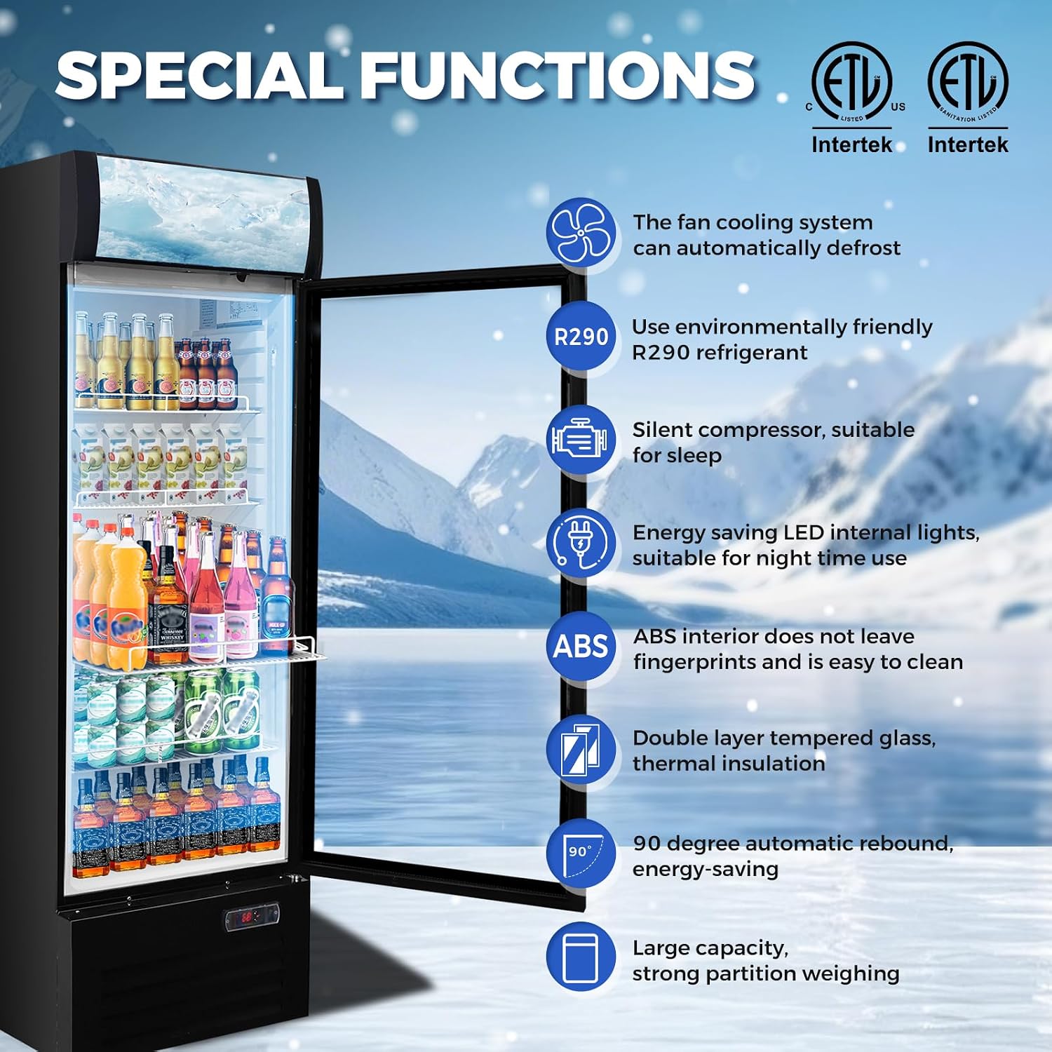 12.5 Cu Ft Commercial Beverage Refrigerator with 1 Glass Doors - Upright Drink Cooler Merchandiser with LED Light Display, 4 Adjustable Shelves, Black, ETL Approved for Business & Retail