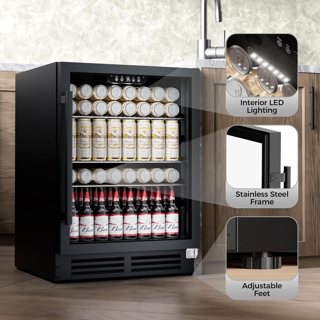 Coolake 24 Inch Wide Under Counter Beverage Refrigerator, 180 Can Capacity Beverage Cooler with Glass Door, Built in or Freestanding, Drink Fridge for Basement, Kitchen, Office
