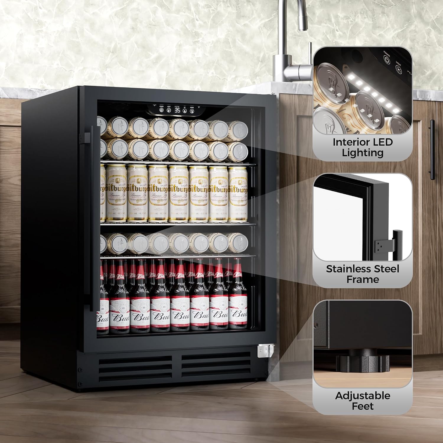 Coolake 24 Inch Wide Under Counter Beverage Refrigerator, 180 Can Capacity Beverage Cooler with Glass Door, Built in or Freestanding, Drink Fridge for Basement, Kitchen, Office