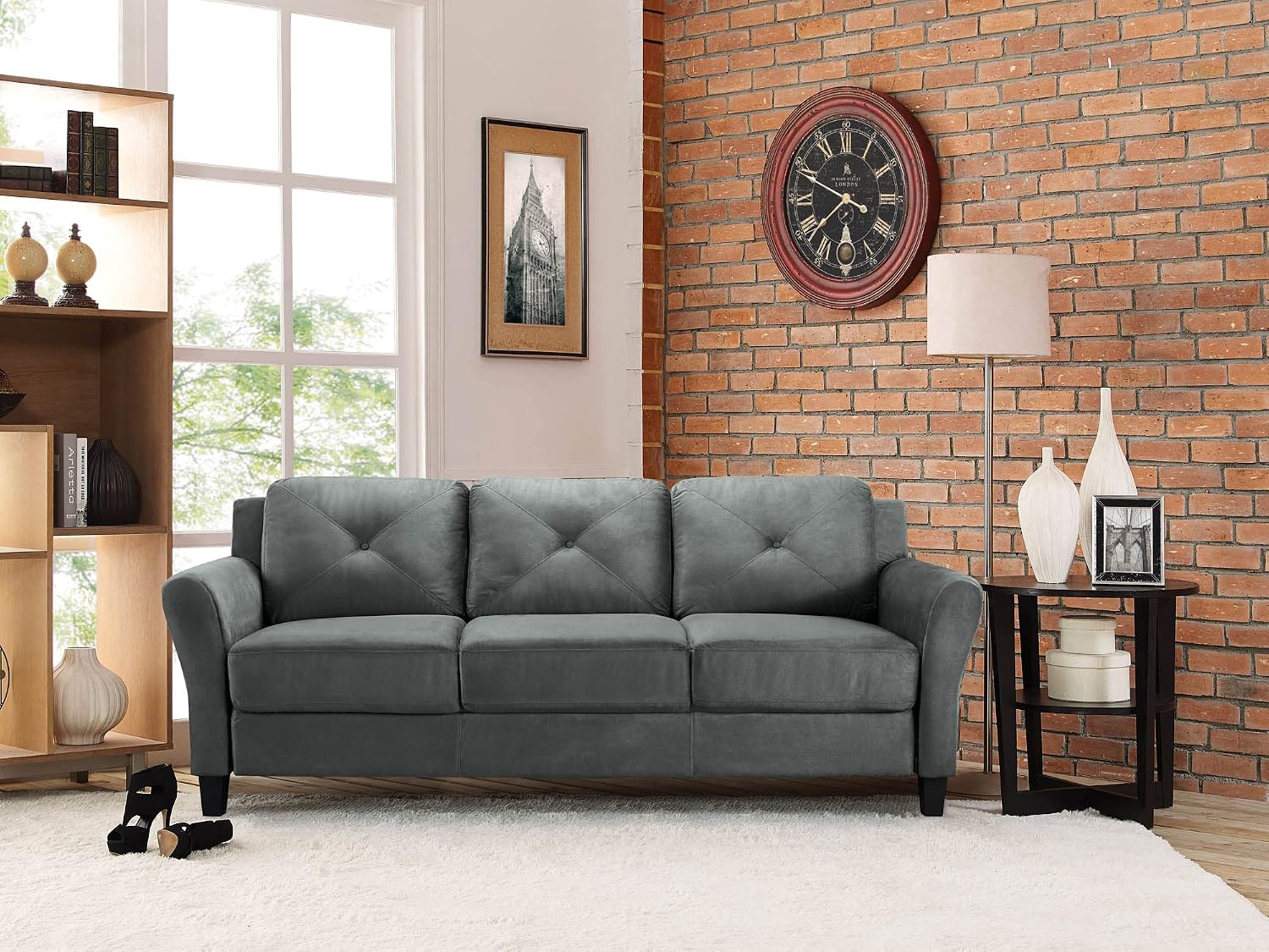 Studio Living Harrington 80.3' Sofa, Transitional Modern, Pocket Coil Comfort, Easy Assembly, Microfiber Fabric, Dark Grey