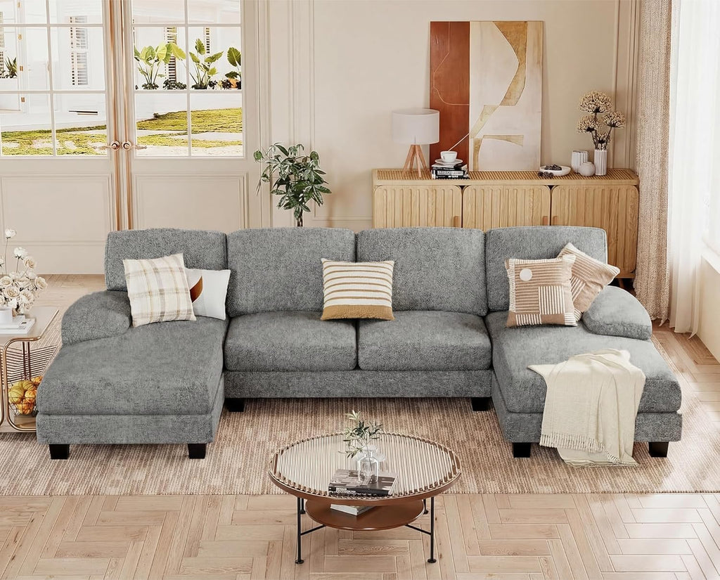 JUMMICO Sectional Couches for Living Room, U Shaped Couch with Chenille Fabric, 4 Seat Modern Sofa with Removable Pillows for Apartment and Small Space (Loop Yarn, Pearl Gray)