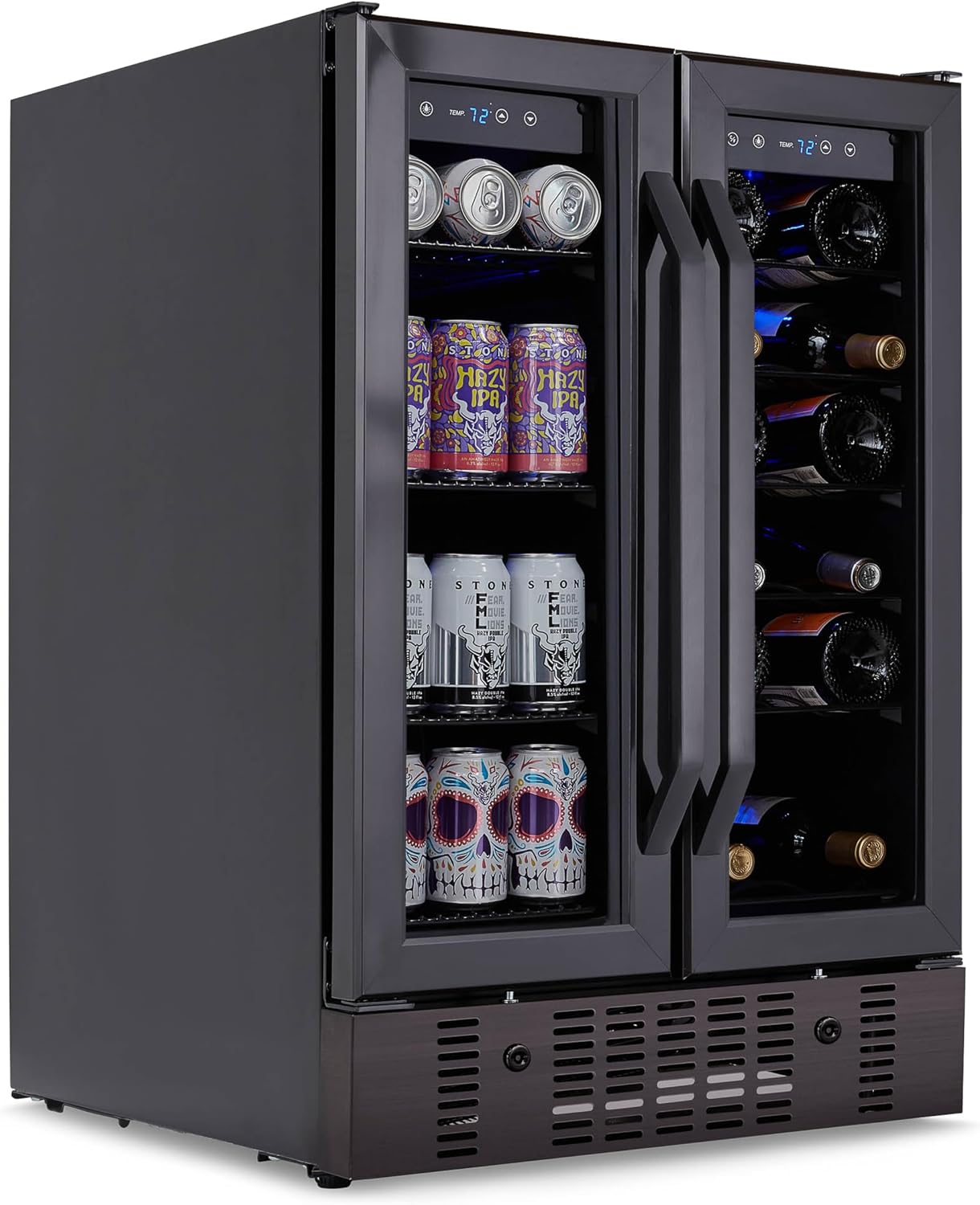 NewAir 24' Dual Zone Beverage Refrigerator & Wine Cooler for 18 Bottles & 58 Cans | Freestanding or Built-In Under Counter Mini Fridge for Beer, Wine and Soda | Black Stainless Steel