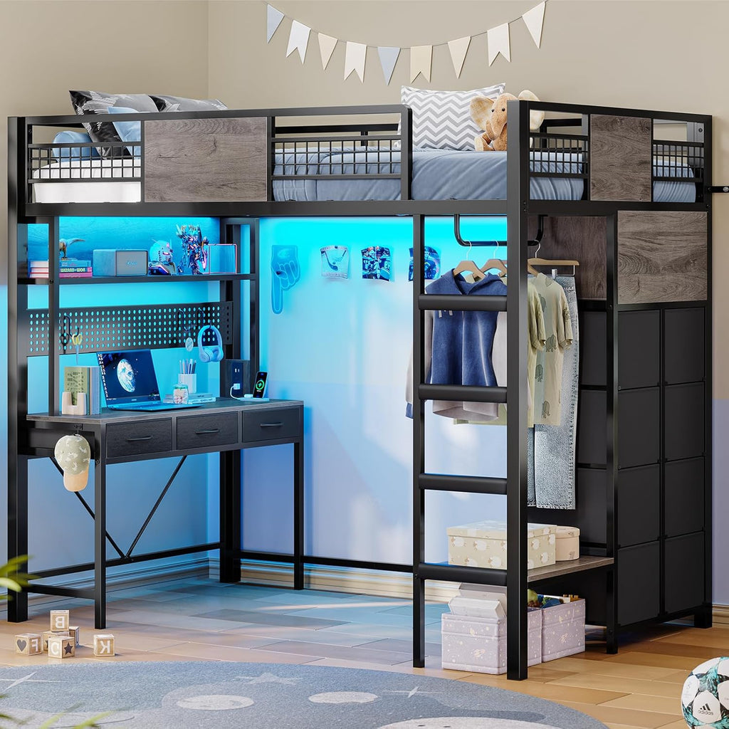 ADORNEVE Loft Bed Twin Size with Desk, 11 Storage Drawers, Metal Kids Loft with RGB Lights, Charging Station, Shelves & Clothing Rack, 13.4' H Safety Guard & Paded Ladder, Black & Grey