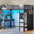 ADORNEVE Loft Bed Twin Size with Desk, 11 Storage Drawers, Metal Kids Loft with RGB Lights, Charging Station, Shelves & Clothing Rack, 13.4' H Safety Guard & Paded Ladder, Black & Grey