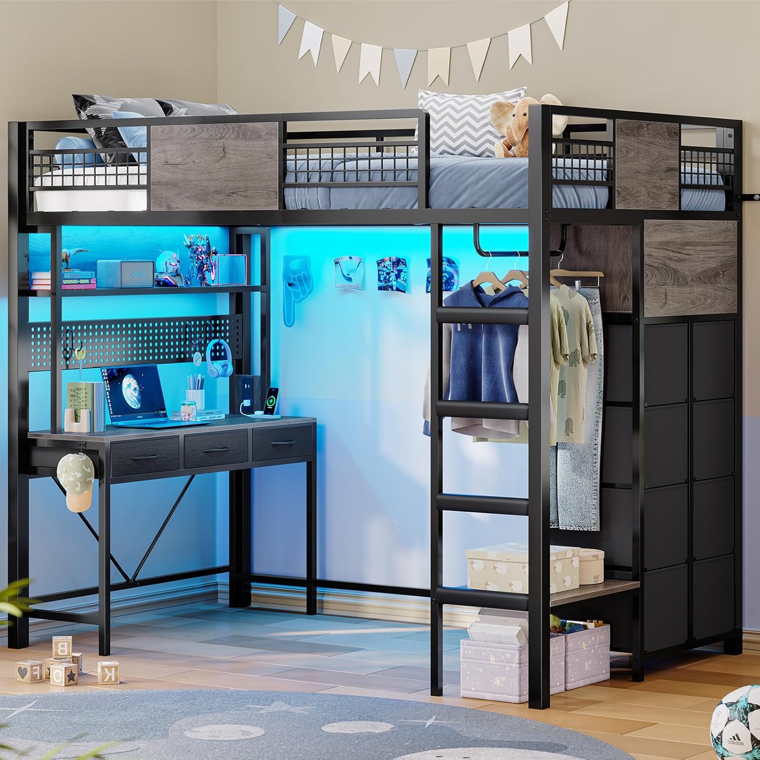 ADORNEVE Loft Bed Twin Size with Desk, 11 Storage Drawers, Metal Kids Loft with RGB Lights, Charging Station, Shelves & Clothing Rack, 13.4' H Safety Guard & Paded Ladder, Black & Grey