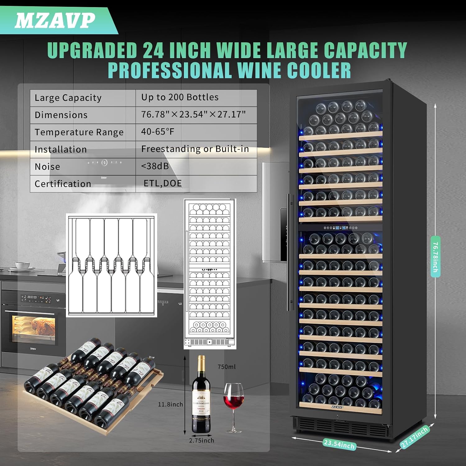 200 Bottle Dual Zone Wine Fridge, 24 Inch Large Wine Cooler Refrigerator Built-In or Freestanding, Tall Wine Cooler with Upgraded Compressor, Temperature Memory, Low Noise and Fast Cooling