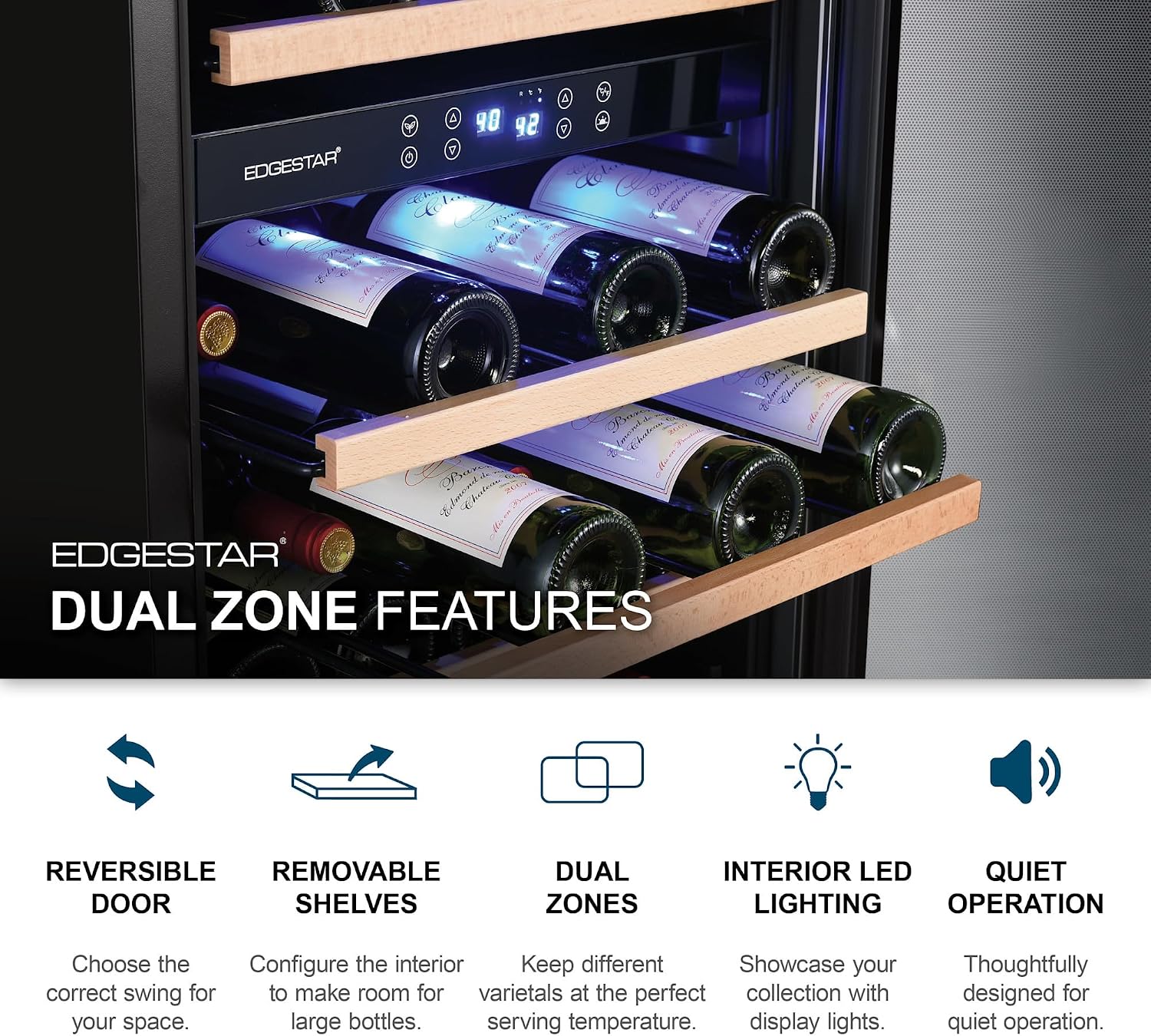 EdgeStar CWF380DZ 20 Inch Wide 38 Bottle Capacity Free Standing Wine Cooler with Dual Zones, LED Lighting and Reversible Door - Stainless Steel