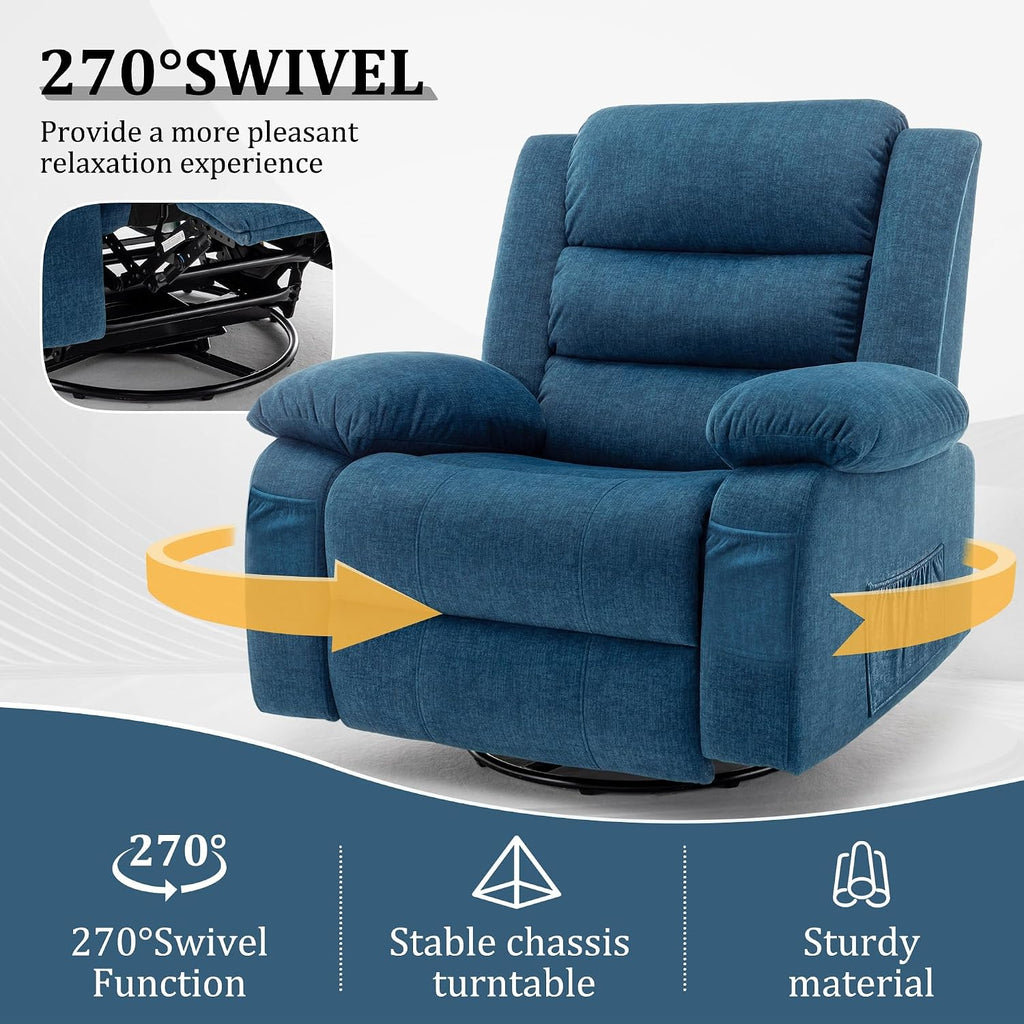 Korser Power Recliner Chair, Electric Rocker Recliner with Massage and Heat, 270° Swivel Glider, Oversized Wide Seat with USB Port, Cashmere Nursery Chair for Living Room, Blue