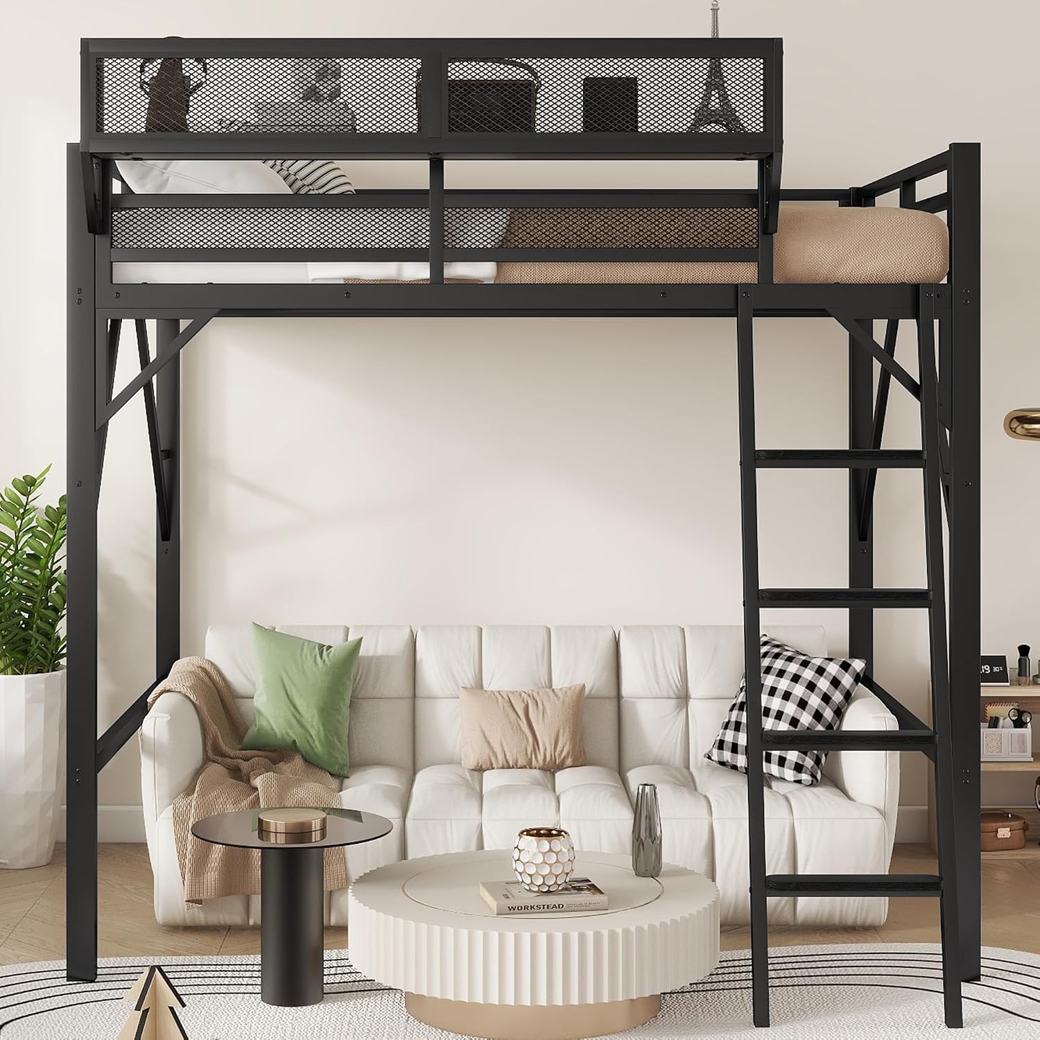 Mirightone Full Size Loft Bed with Storage, Metal Loft Beds with Upper Shelf, High Loft Bed Frame with Ladder, Lofted Full Bed for Kids and Teens, No Box Spring Needed (Black)