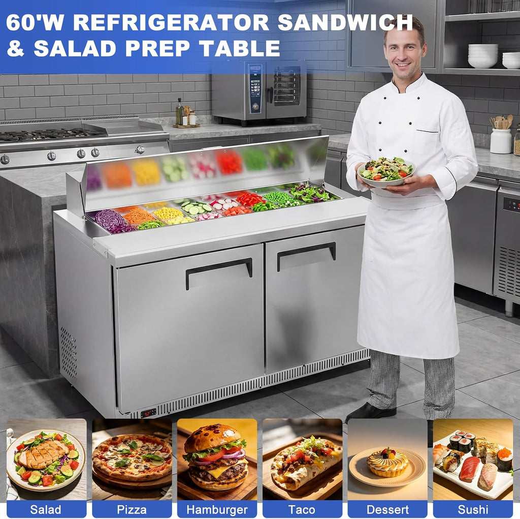 Tylza 60' Commercial Refrigerator, 16.3 Cu.Ft Sandwich Pizza Prep Table, Mega Top Worktop Fridge w/ 16 Pans & Cutting Board, 2-Door Stainless Steel Salad Prep Cooler for Restaurant & Food Truck
