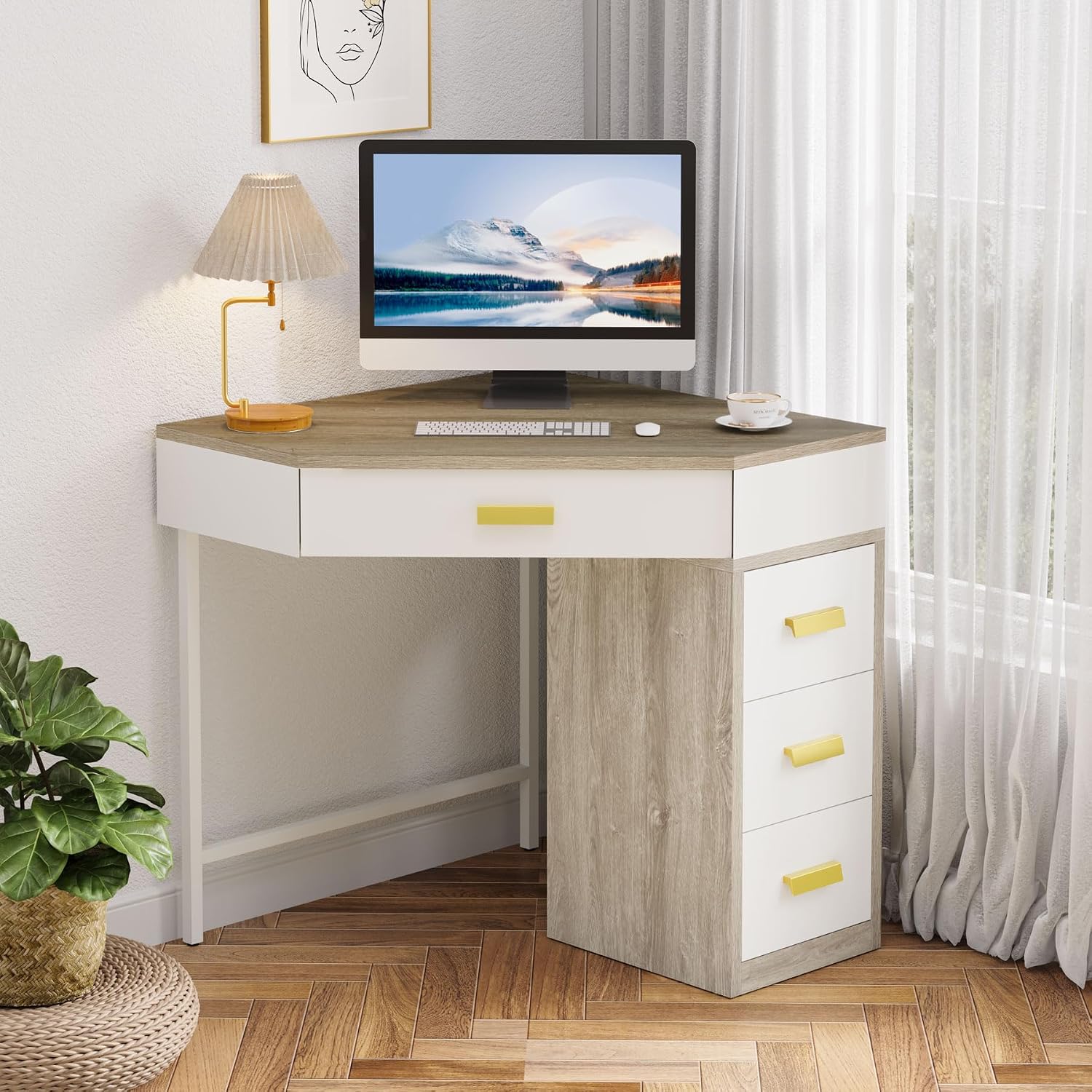 Tribesigns Corner Desk, Triangle Computer Desk with 3 Drawers, 90-Degree Writing Desk PC Table Makeup Vanity Desk with Storage for Home Office, Living Room, Bedroom (Grey+White)
