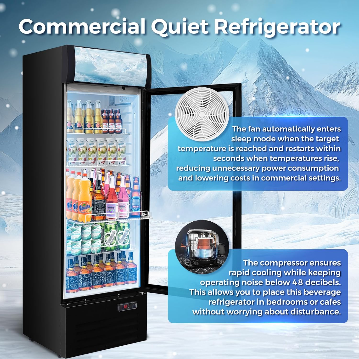 12.5 Cu Ft Commercial Beverage Refrigerator with 1 Glass Doors - Upright Drink Cooler Merchandiser with LED Light Display, 4 Adjustable Shelves, Black, ETL Approved for Business & Retail