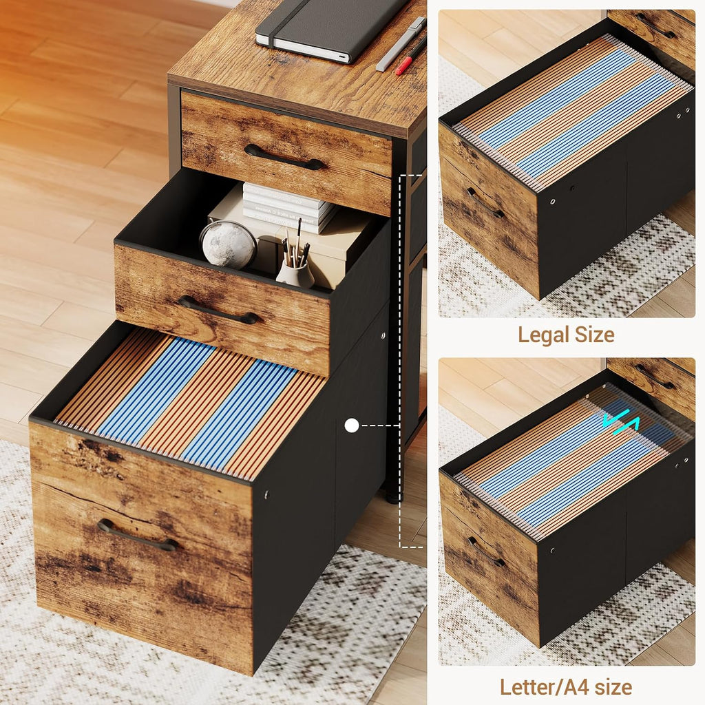 SEDETA L Shaped Desk with Storage Shelves, 64.5' Reversible U Shaped Office Desk with 3 Fabric Drawers, Gaming Desk with Power Outlet & LED Strip for Home Office, Rustic Brown