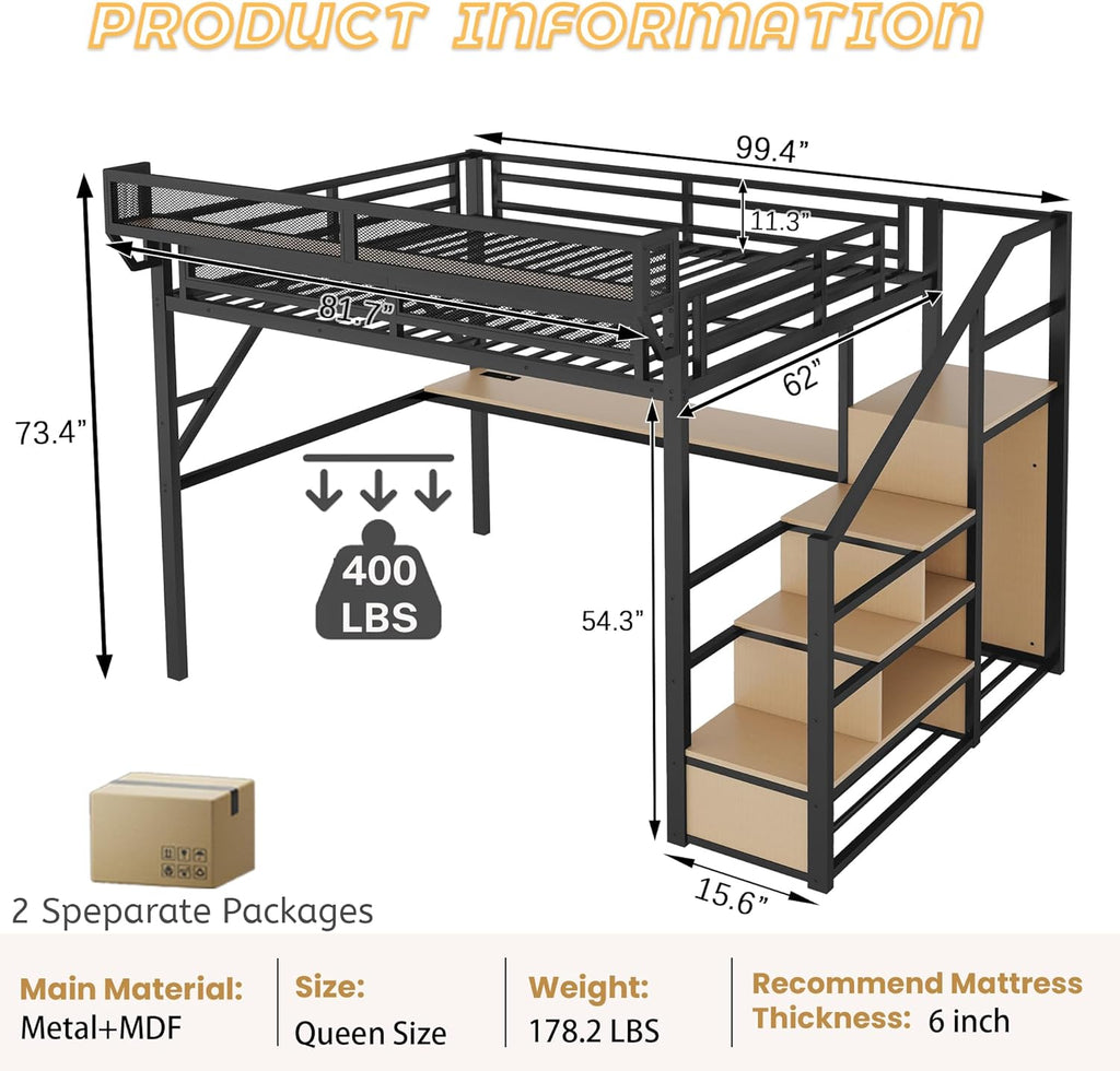 Mirightone Queen Size Loft Bed with Stairs & Desk, Metal Loft Bed Frame with LED and Charging Station, High Loft Beds Gaming Lofted Queen Bed with Storage Shelf for Kids and Teens (Black+Natural)