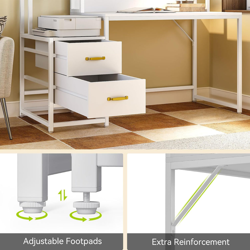 LITTLE TREE White Computer Desk with Drawers and Hutch, 55' Gaming Desk with Storage Shelves, Modern Wooden Study Writing Desk for Bedroom Home Office