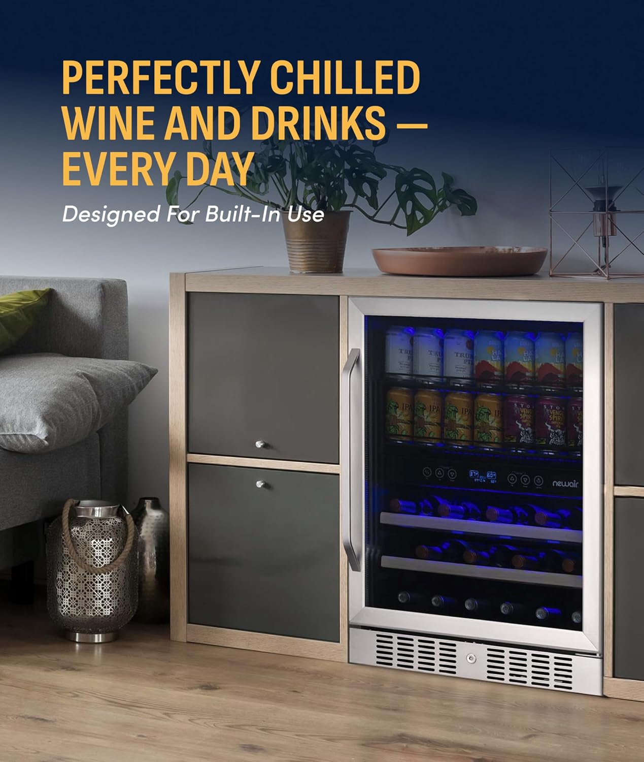 NewAir 24' Dual Zone Beverage Refrigerator & Wine Cooler for 20 Bottles & 70 Cans | Freestanding or Built-In Under Counter Mini Fridge for Beer, Wine and Soda | Stainless Steel