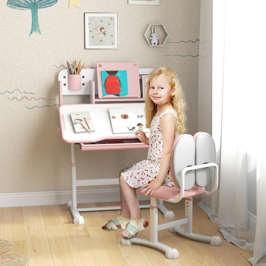 Qaba Kids Desk and Chair Set, Height Adjustable Kids School Study Desk and Chair Set with Tilt Desktop, Storage Drawer and Reading Rack for Writing, Reading and Drawing, Pink