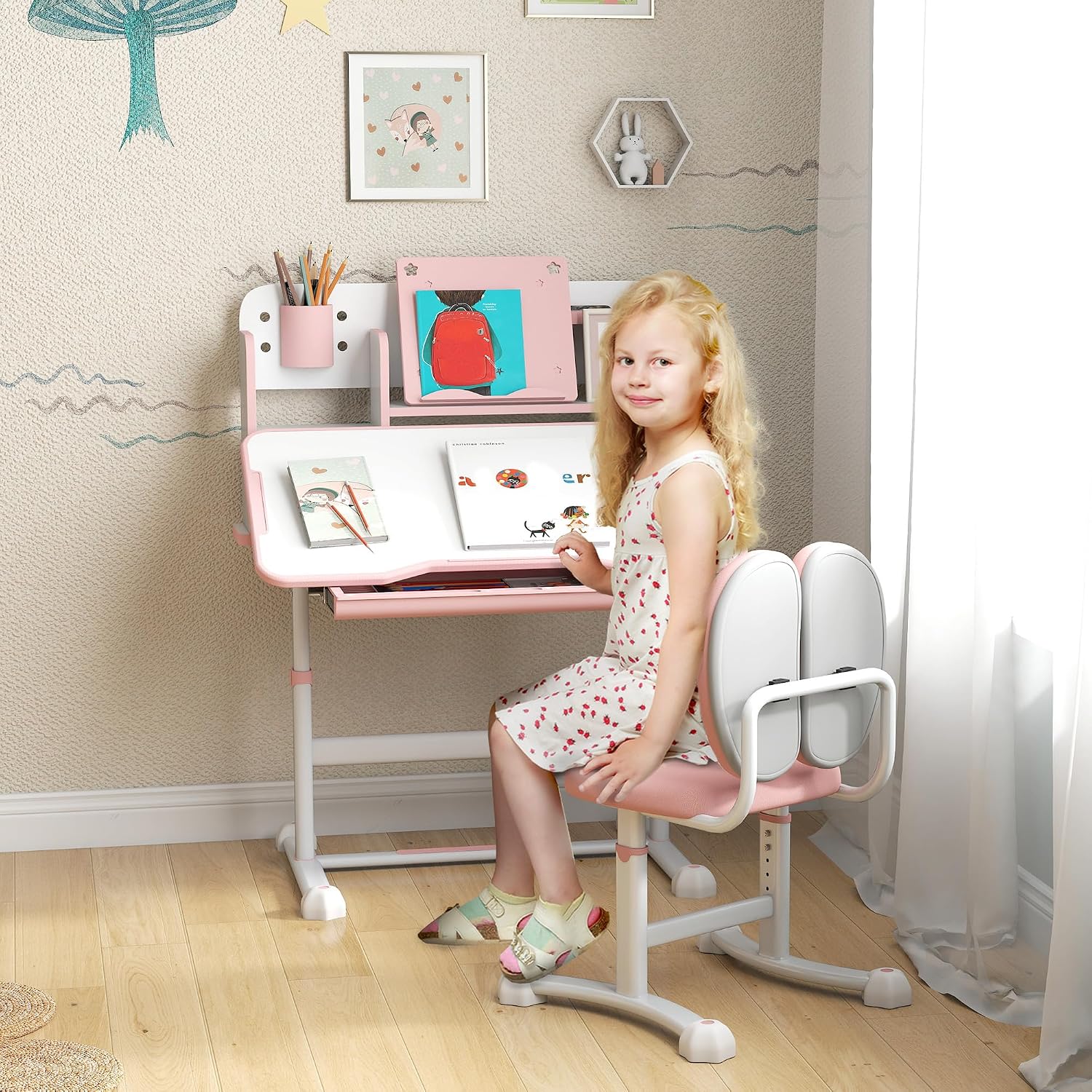 Qaba Kids Desk and Chair Set, Height Adjustable Kids School Study Desk and Chair Set with Tilt Desktop, Storage Drawer and Reading Rack for Writing, Reading and Drawing, Pink