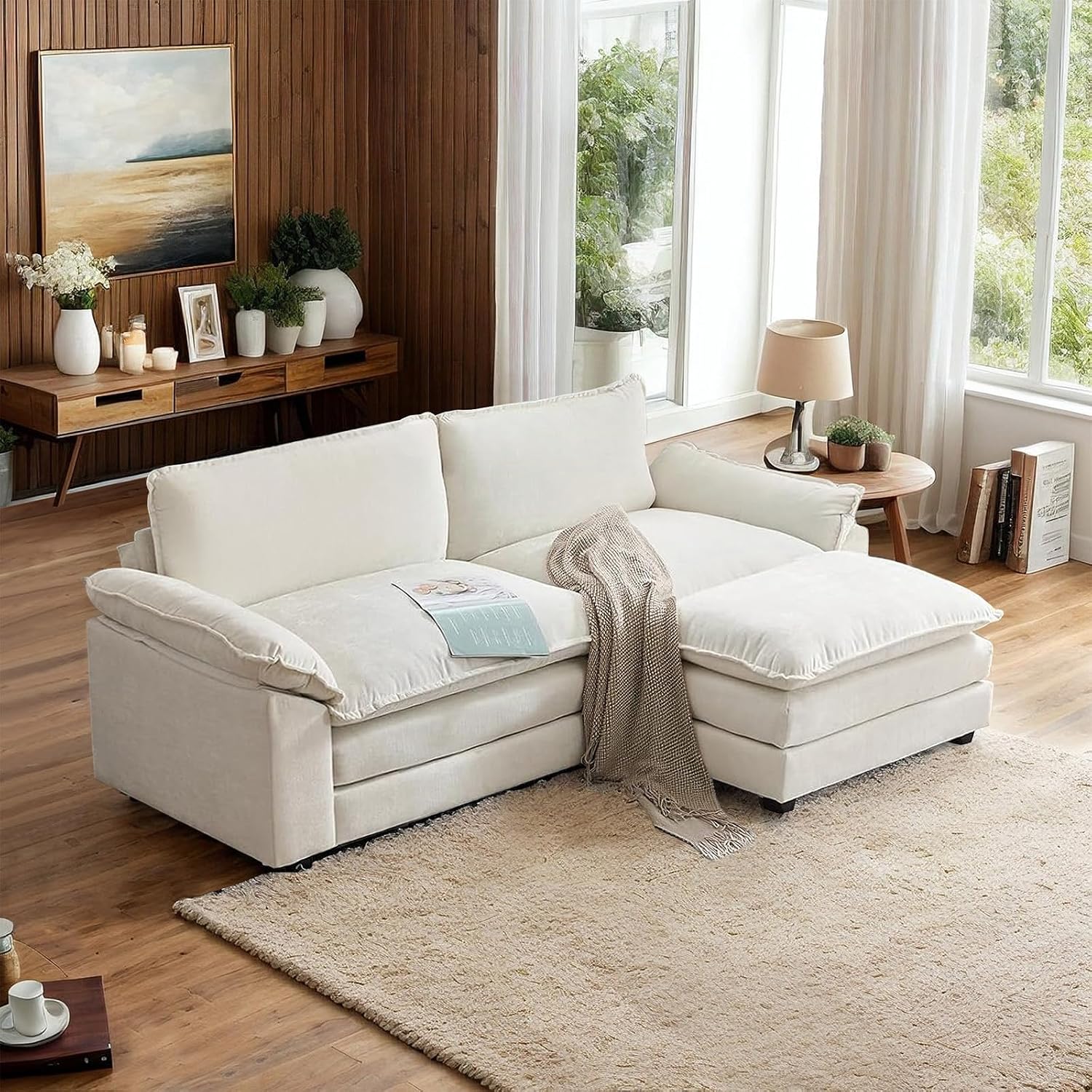 VINGLI 87' Convertible Sectional Sofa,L-Shaped Deep Seat Sofa Couch for Living Room,Modern 2-Seat Loveseat Sofa with Ottoman for Small Space(Creamy White, 87')