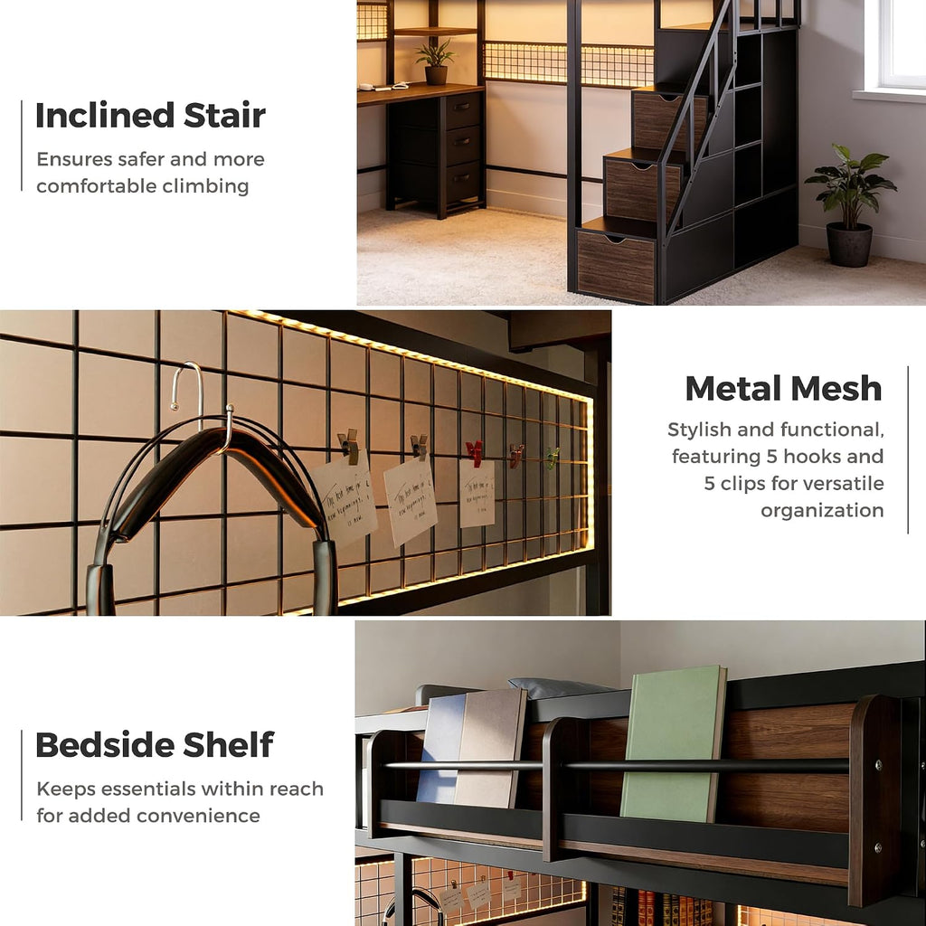 Full Size Loft Bed with Desk and Stairs, Headboard, Wardrobe, Bedside Storage Shelf, 6 Drawers, Charging Station & LED Light, Metal Gaming Loft Bed Frame for Adult Space-Saving, Black & Walnut