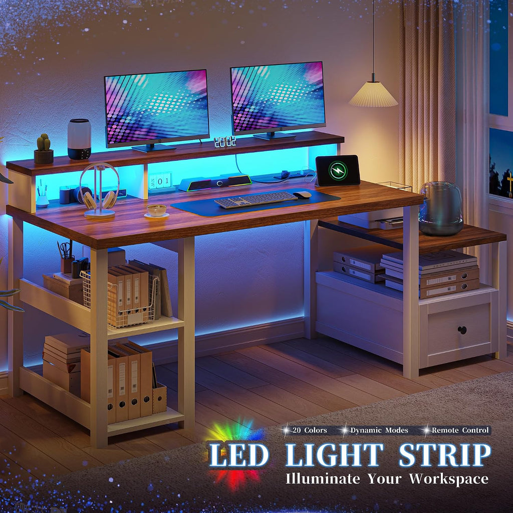 EnHomee 60.4' Computer Desk with Drawer & Power Outlet, Gaming Desk with LED Light, Farmhouse Desk Study Desk with Monitor Stand, Home Office Desk, Work Desk for Bedroom, Study Room, White