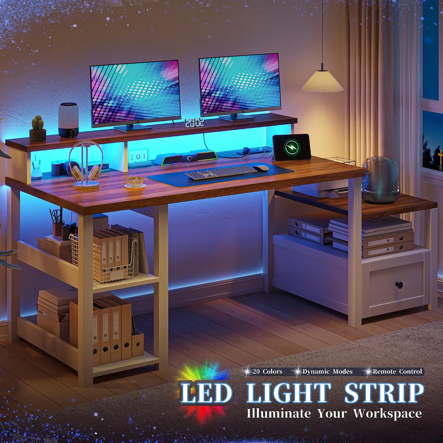 EnHomee 60.4' Computer Desk with Drawer & Power Outlet, Gaming Desk with LED Light, Farmhouse Desk Study Desk with Monitor Stand, Home Office Desk, Work Desk for Bedroom, Study Room, White