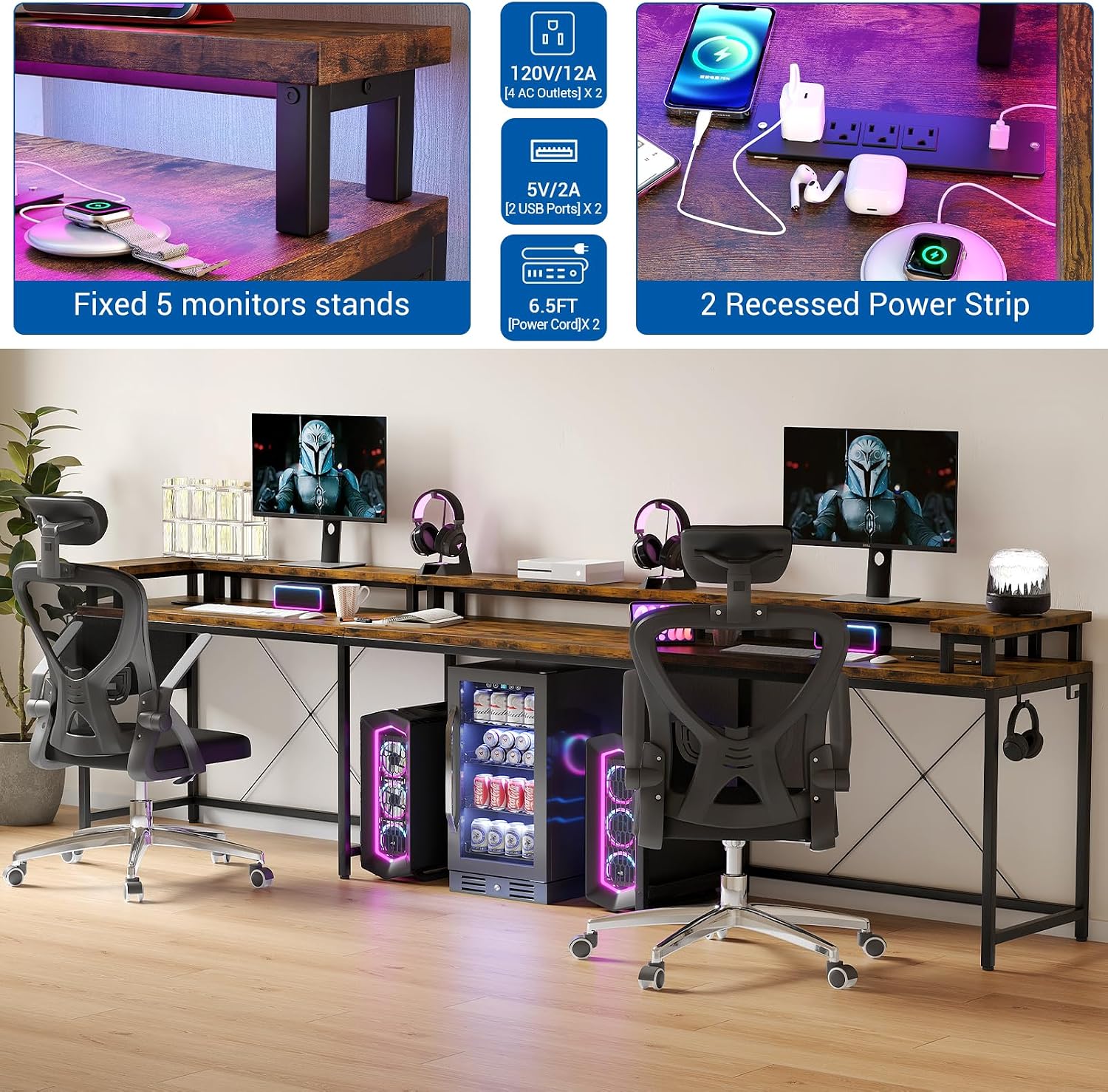 U Shaped Desk with Power Outlets, USB Ports & RGB LED Lights, 79 Inch Large Corner Computer Desk with Monitor Stand, Reversible Gaming Desk for Home Office, Ergonomic Workstation (Rustic Brown)